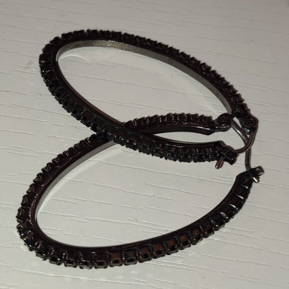 Retro Oval Loops Black Stones Hoop Earrings Vintage Gray Metallic - Picture 1 of 9